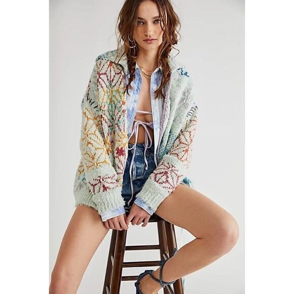 NWT FREE PEOPLE Sz S PRAIRIE CARDI EMBROIDERED CARDIGAN SWEATER BLUE COMBO - Picture 2 of 2